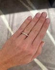 A close-up of a person's hand wearing a thin whit gold band ring with small diamonds, set against a blurred indoor background.
