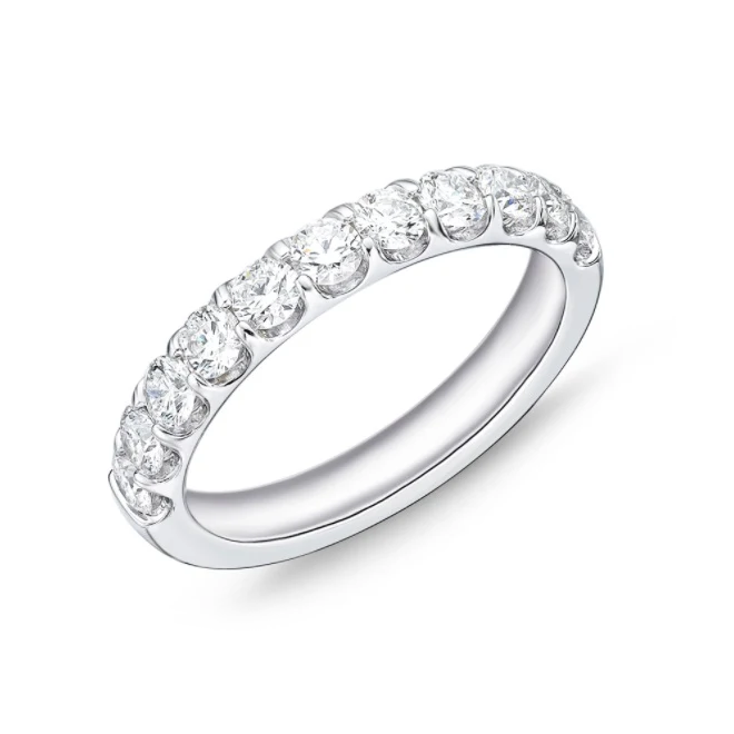 18k white gold half-eternity band with round diamonds.