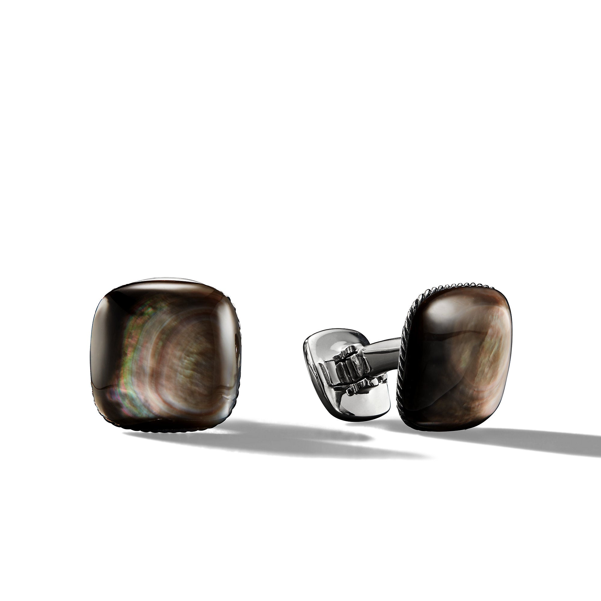 Streamline Cushion Cufflinks In Sterling Silver With Black Mother Of Pearl 17mm