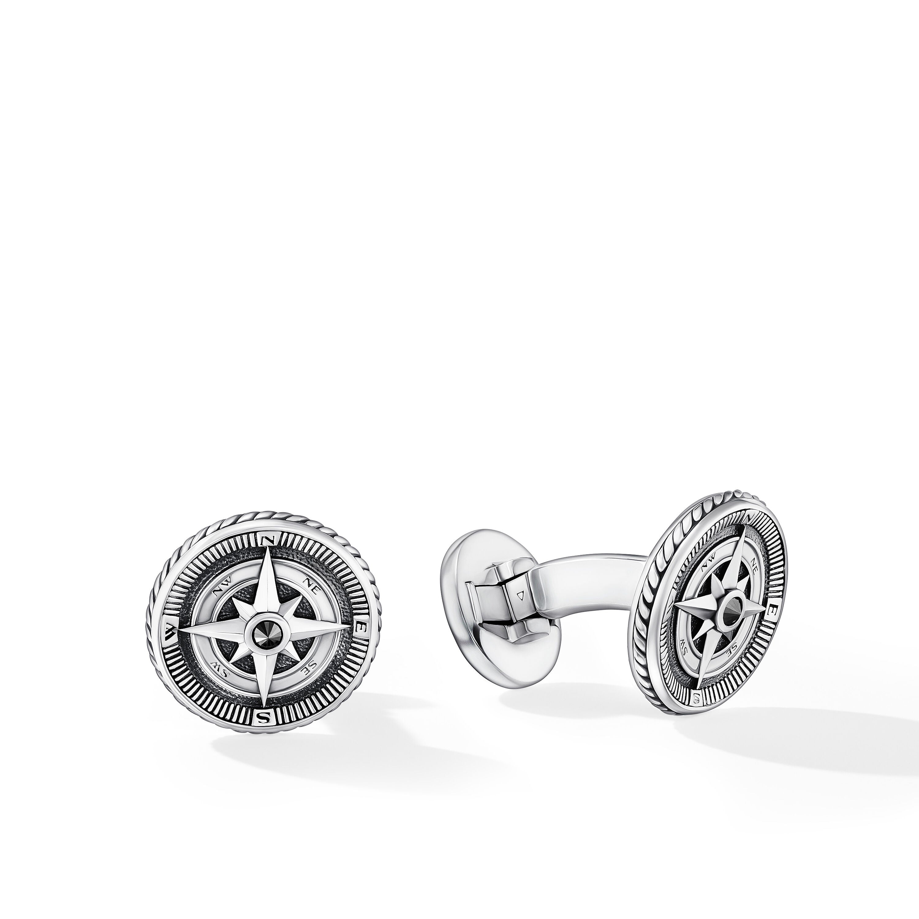 Maritime® Compass Cufflinks In Sterling Silver With Center Black Diamond, 16mm