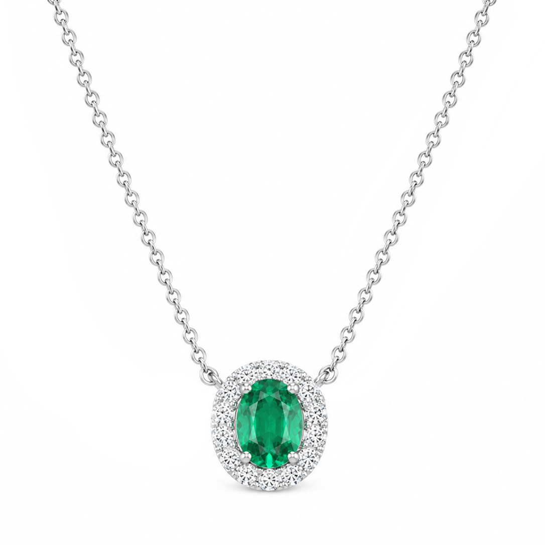 18K White Gold Emerald &amp; Diamond Pendant Necklace