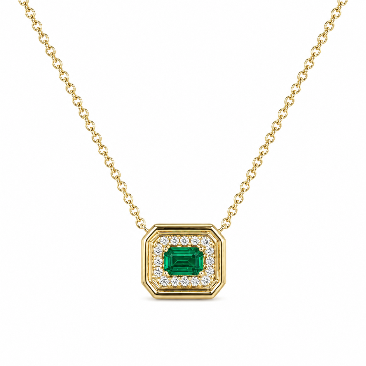 18K Yellow Gold East-West Emerald &amp; Diamond Geometric Bezel Pendant Necklace