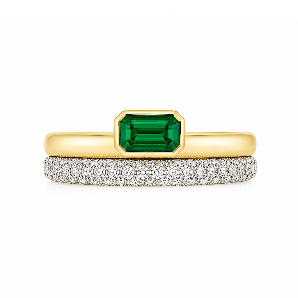 18k Yellow Gold Asymmetrical Emerald &amp; Diamond Ring