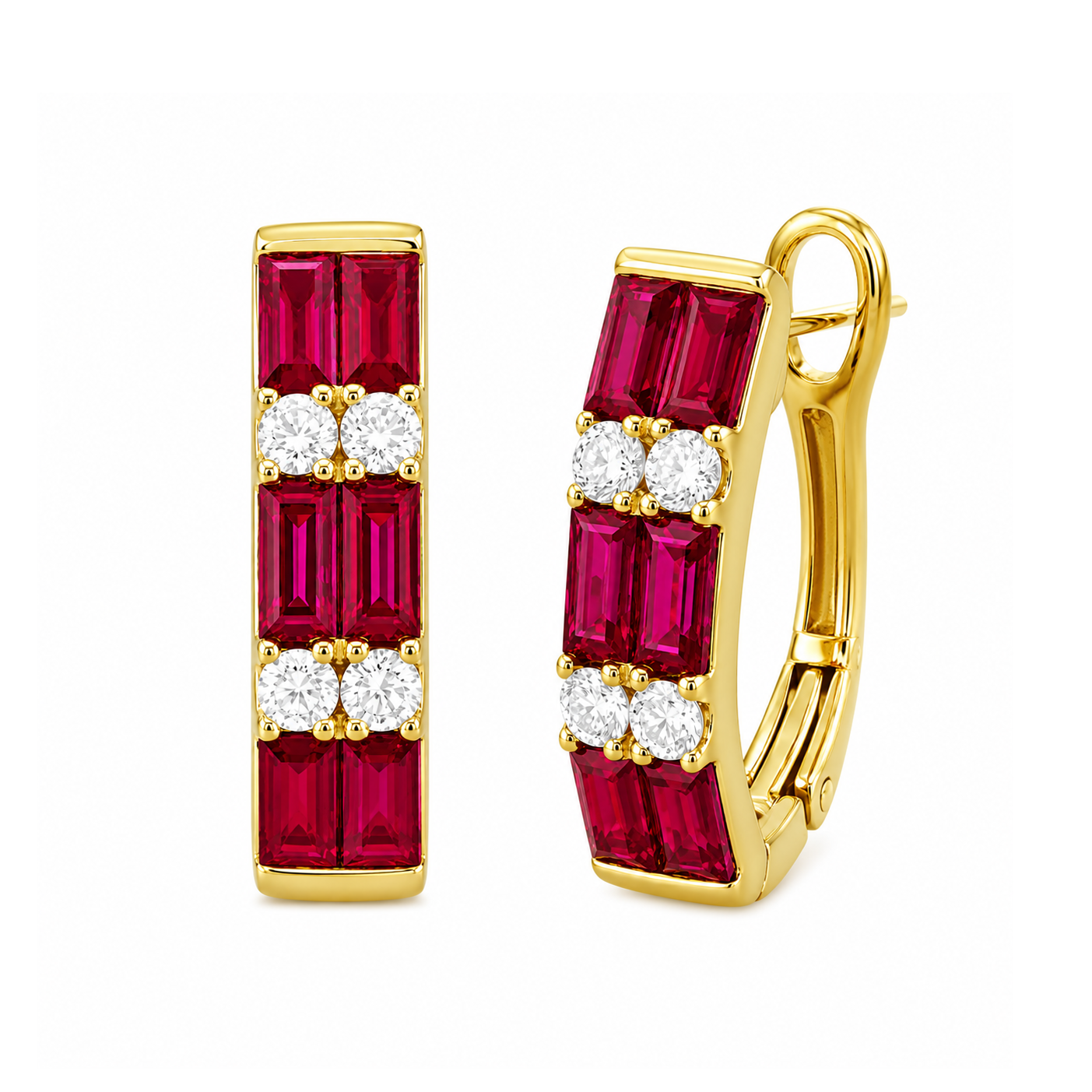 18k Yellow Gold Ruby &amp; Diamond Hoop Earrings