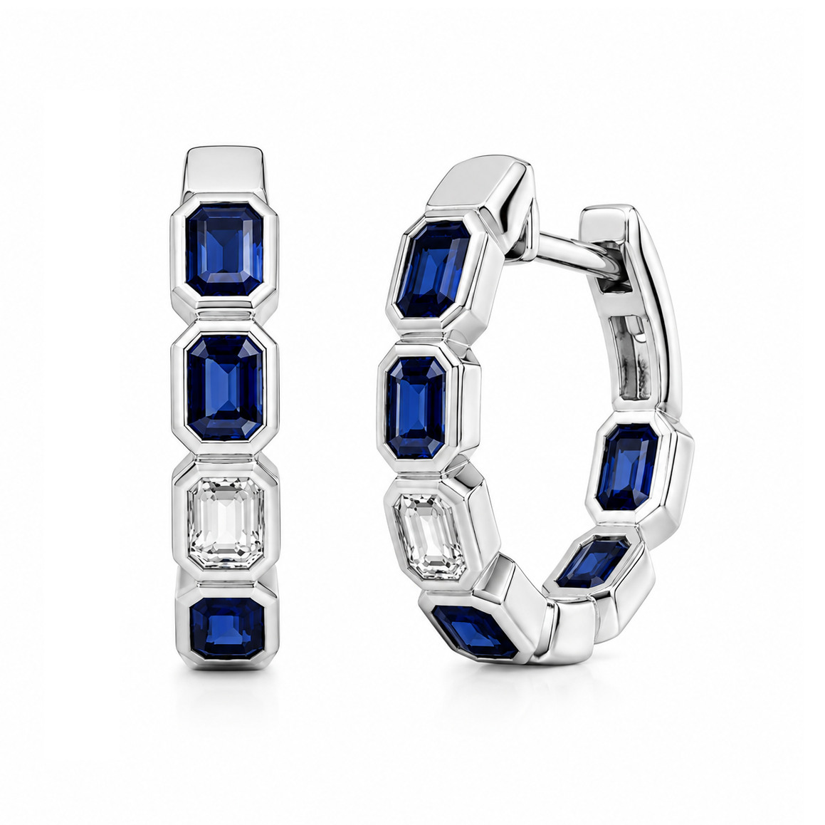 18k White Gold Sapphire &amp; Diamond Hoop Earrings