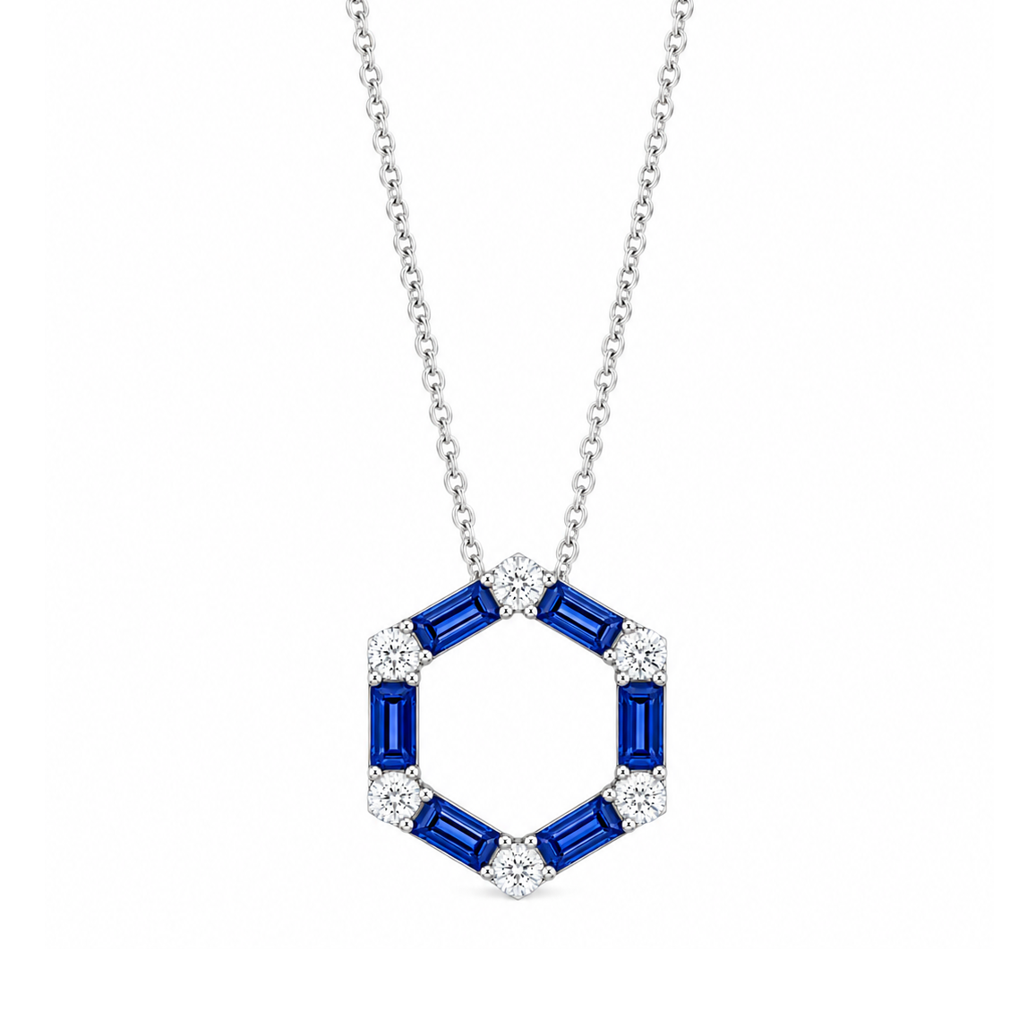 18k White Gold Sapphire &amp; Diamond Hexagon Pendant Necklace