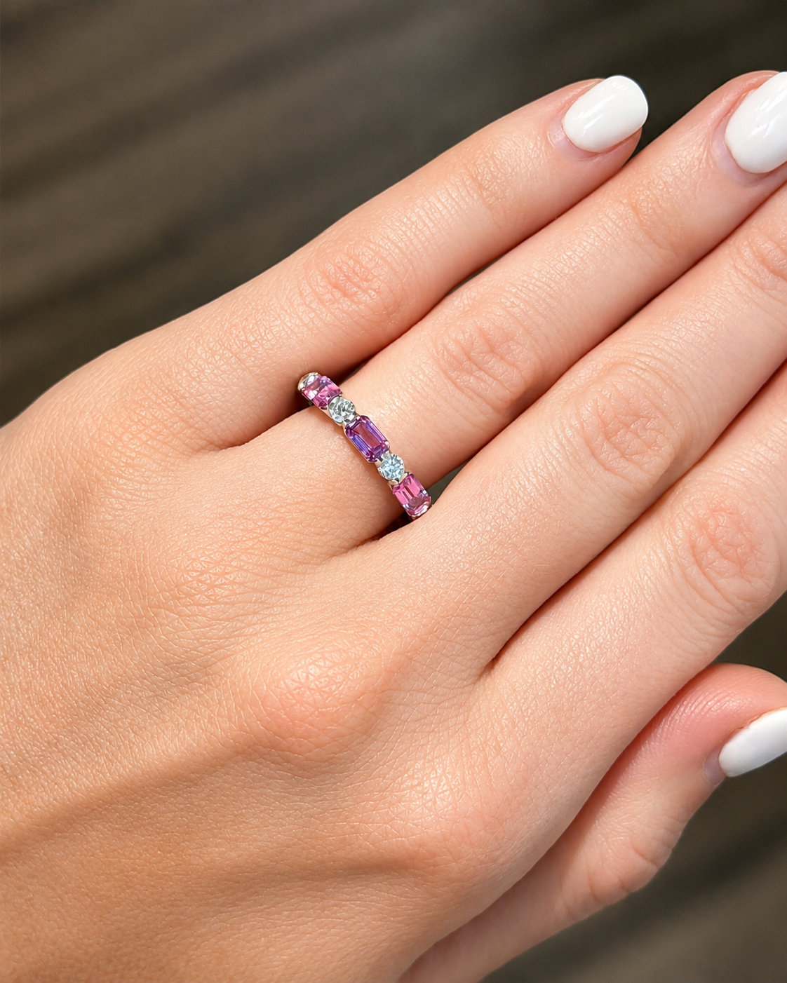 Alternating Emerald Cut Pink Sapphire &amp; Round Diamond Band