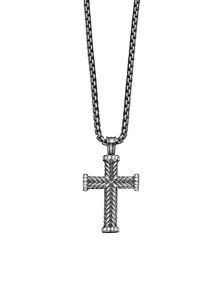 Large Chevron Cross Enhancer In Sterling Silver With Diamonds