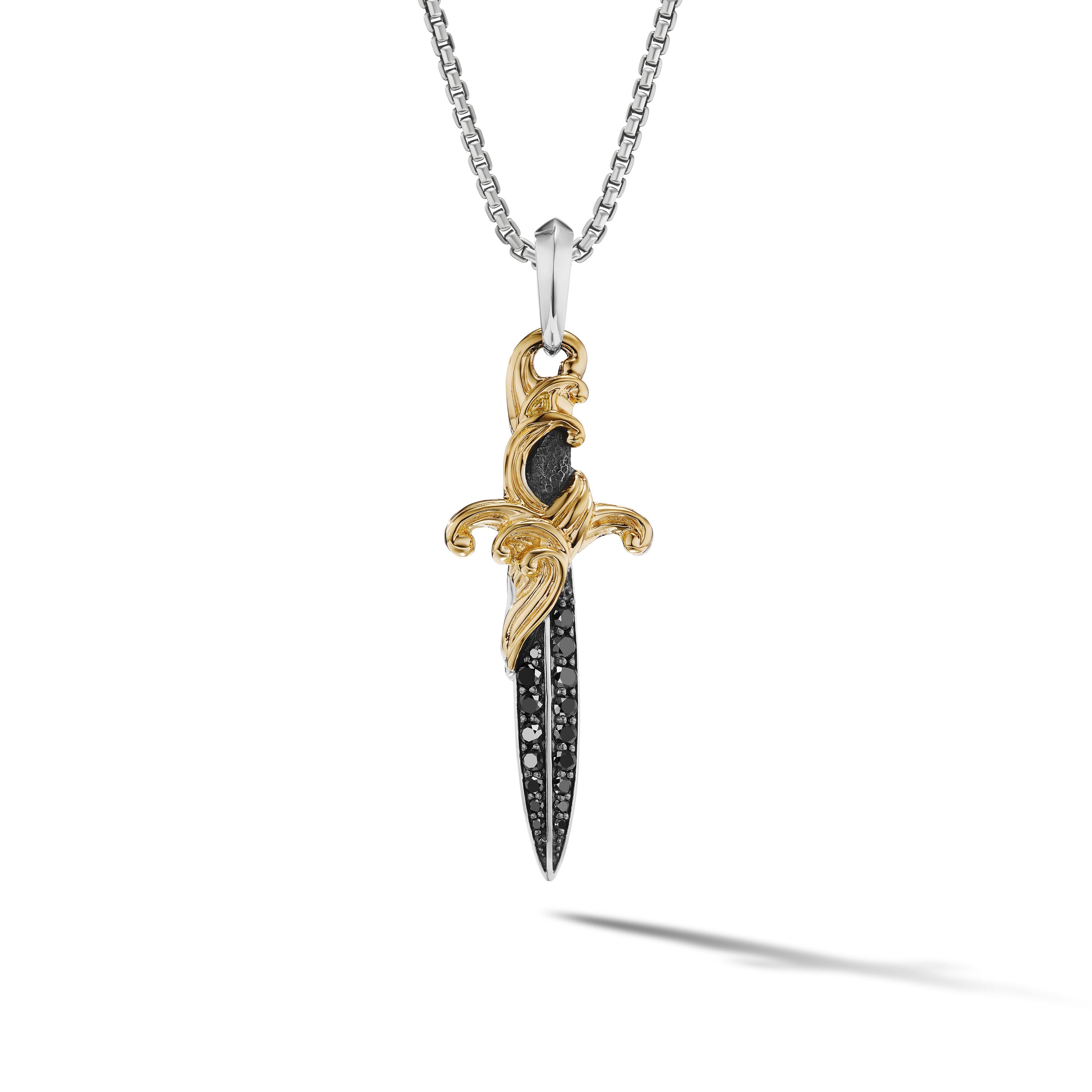 Waves Dagger Amulet In Sterling Silver With 18k Yellow Gold And Black Diamonds, 43.8mm