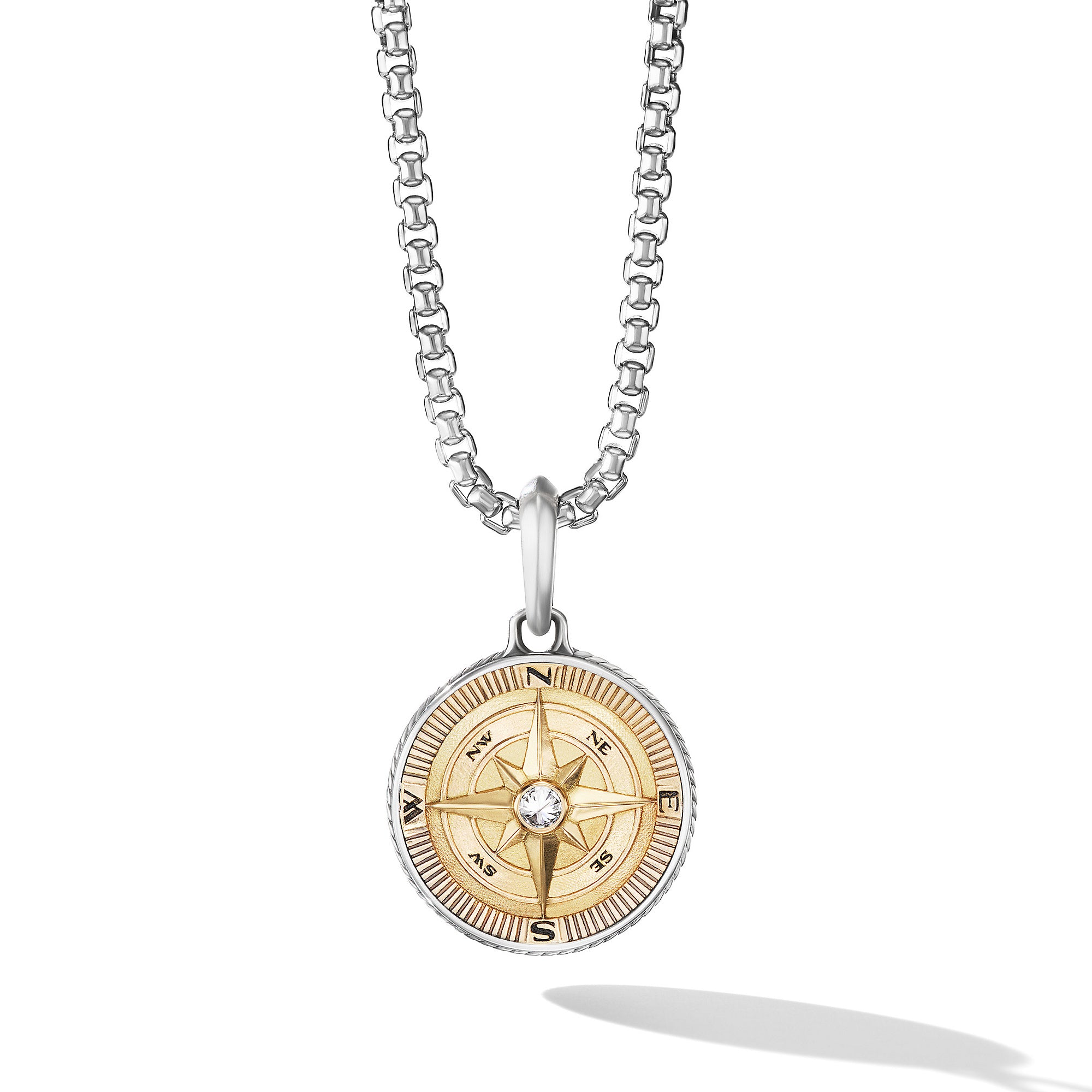 Maritime® Compass Amulet In Sterling Silver With 18k Yellow Gold And Center Diamond, 29.5mm