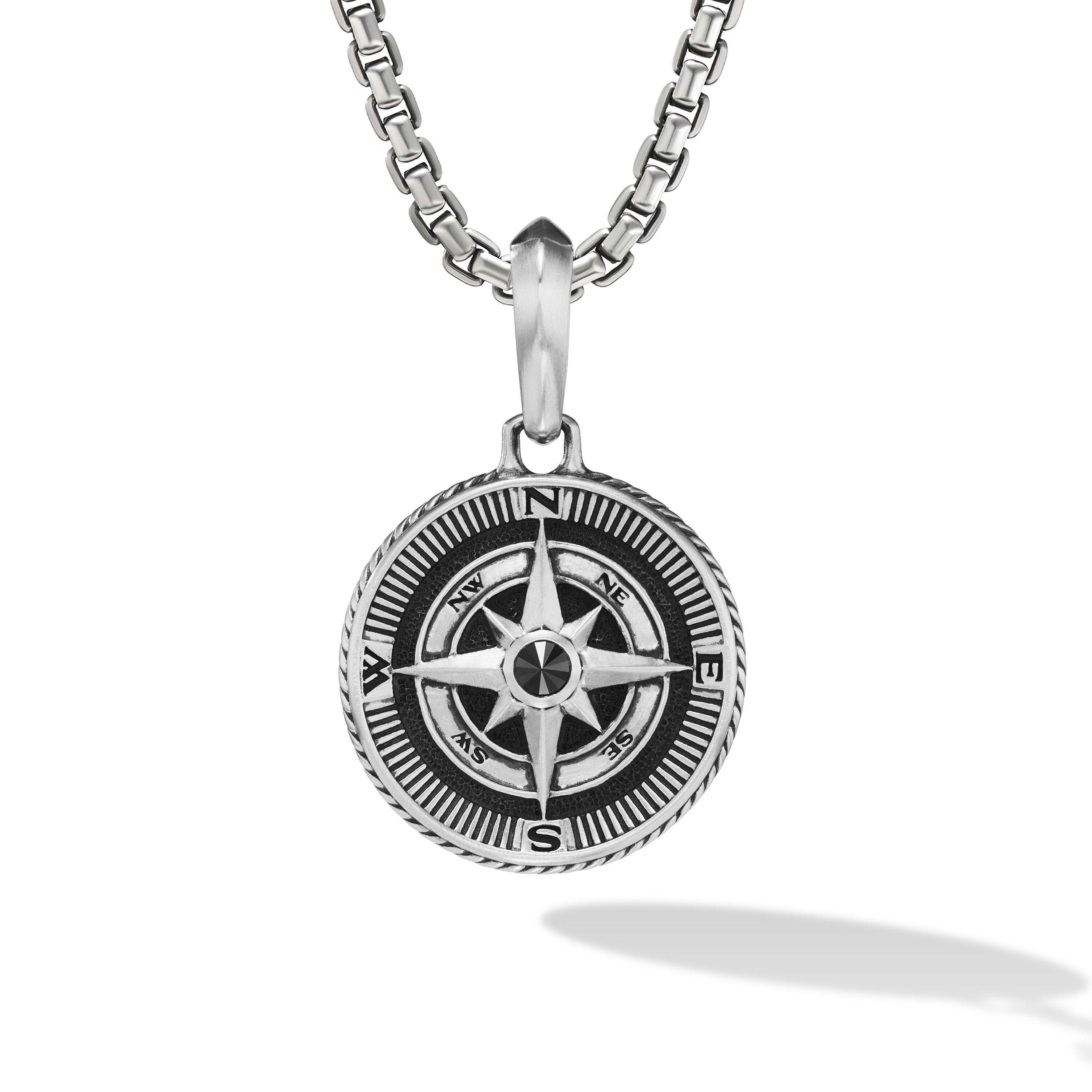 Maritime Compass Amulet In Sterling Silver With Center Black Diamond 29.5mm