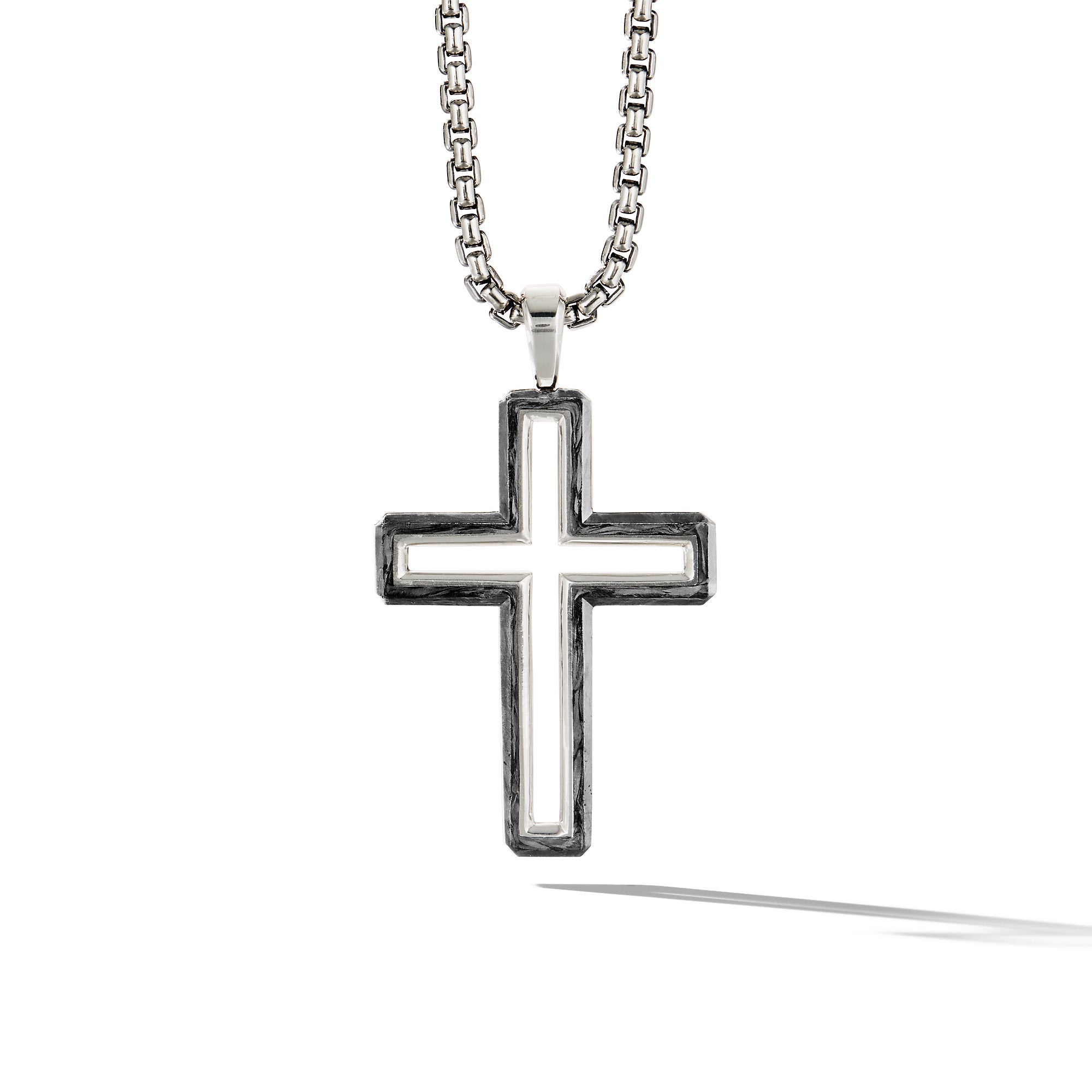 Forged Carbon Cross Pendant In Sterling Silver, 37mm