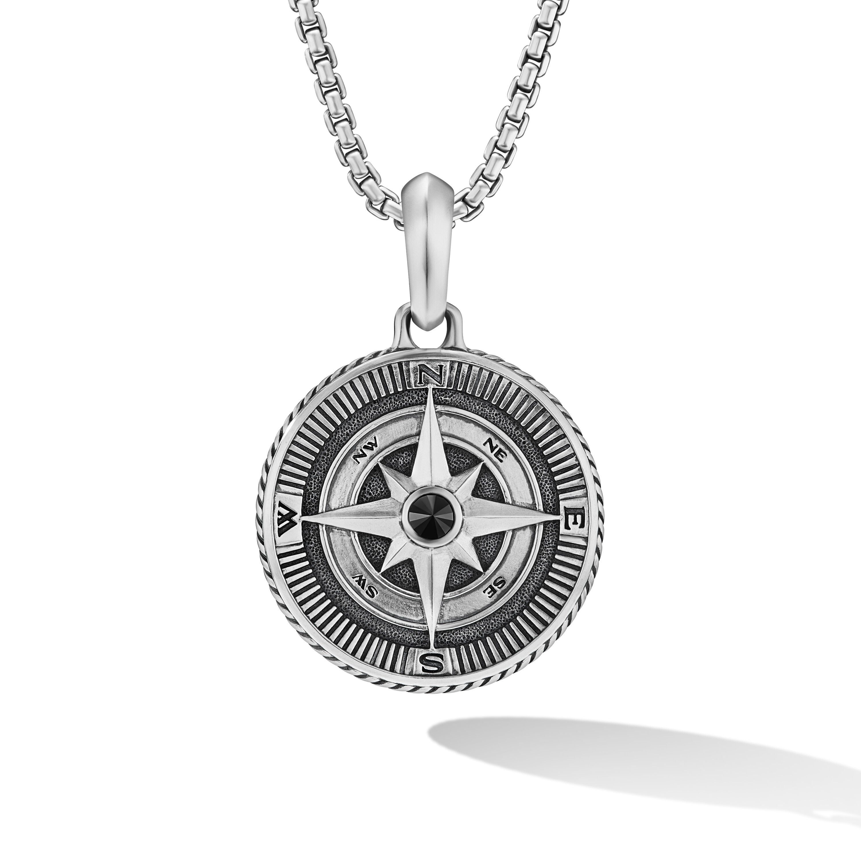 Maritime® Compass Amulet In Sterling Silver With Center Black Diamond, 26.8mm