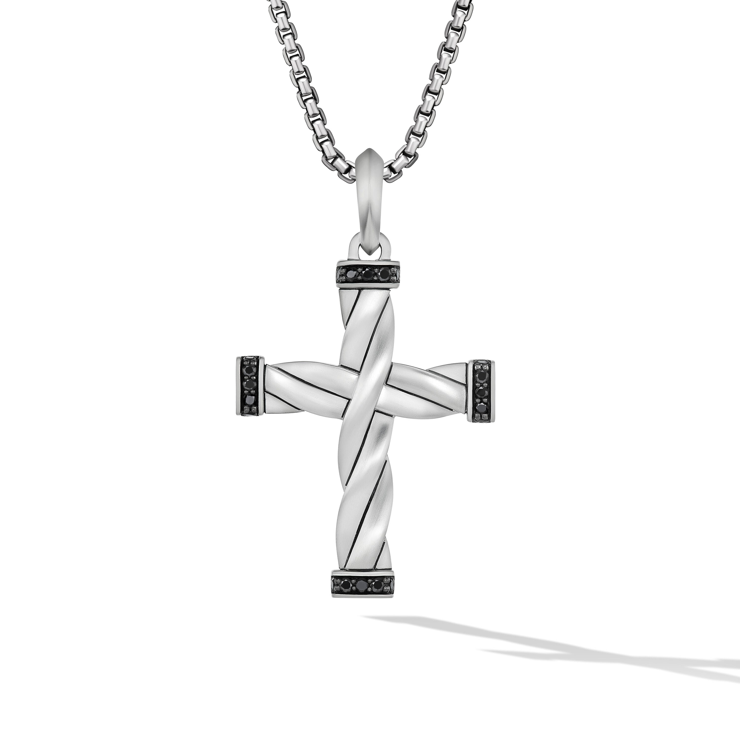 Dy Helios Cross Pendant In Sterling Silver With Black Diamonds 48mm