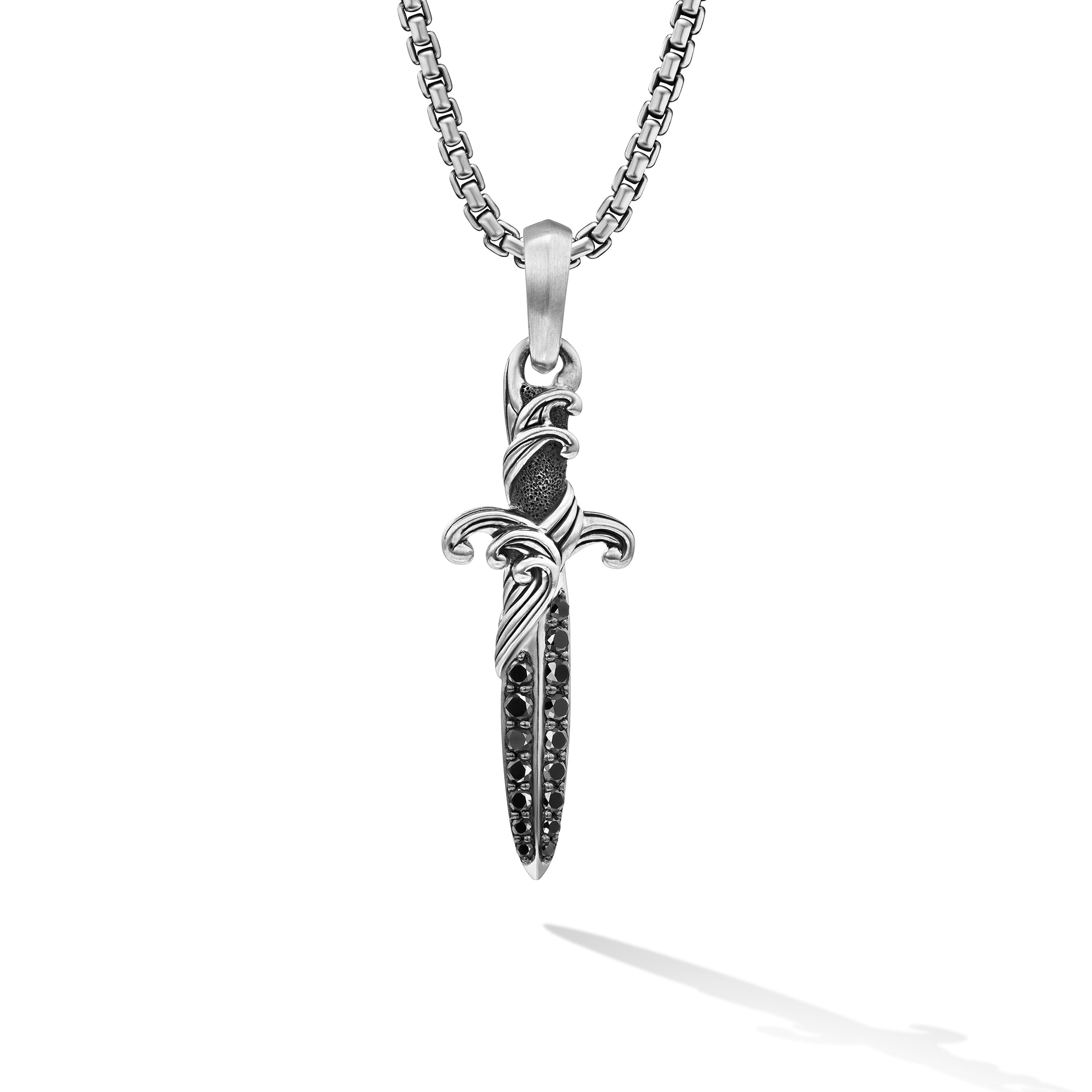 Waves Dagger Amulet In Sterling Silver With Black Diamonds 31mm