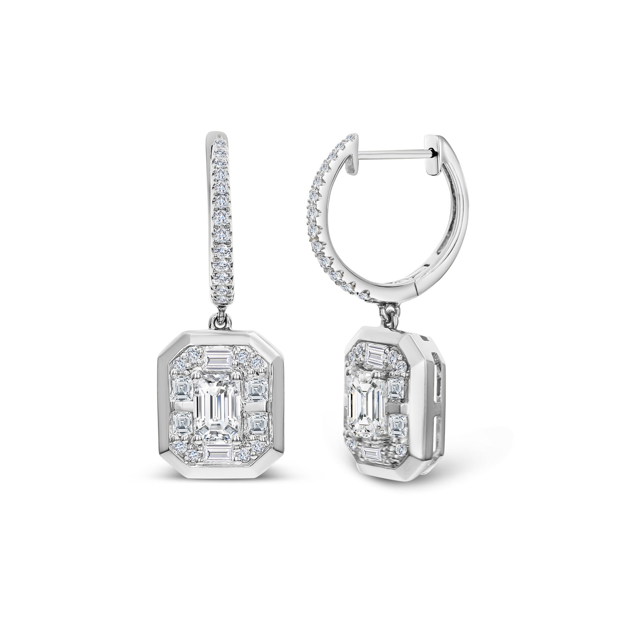 Brown &amp; Co. 18k White Gold Baguette And Emerald Cut Diamond Drop Earrings
