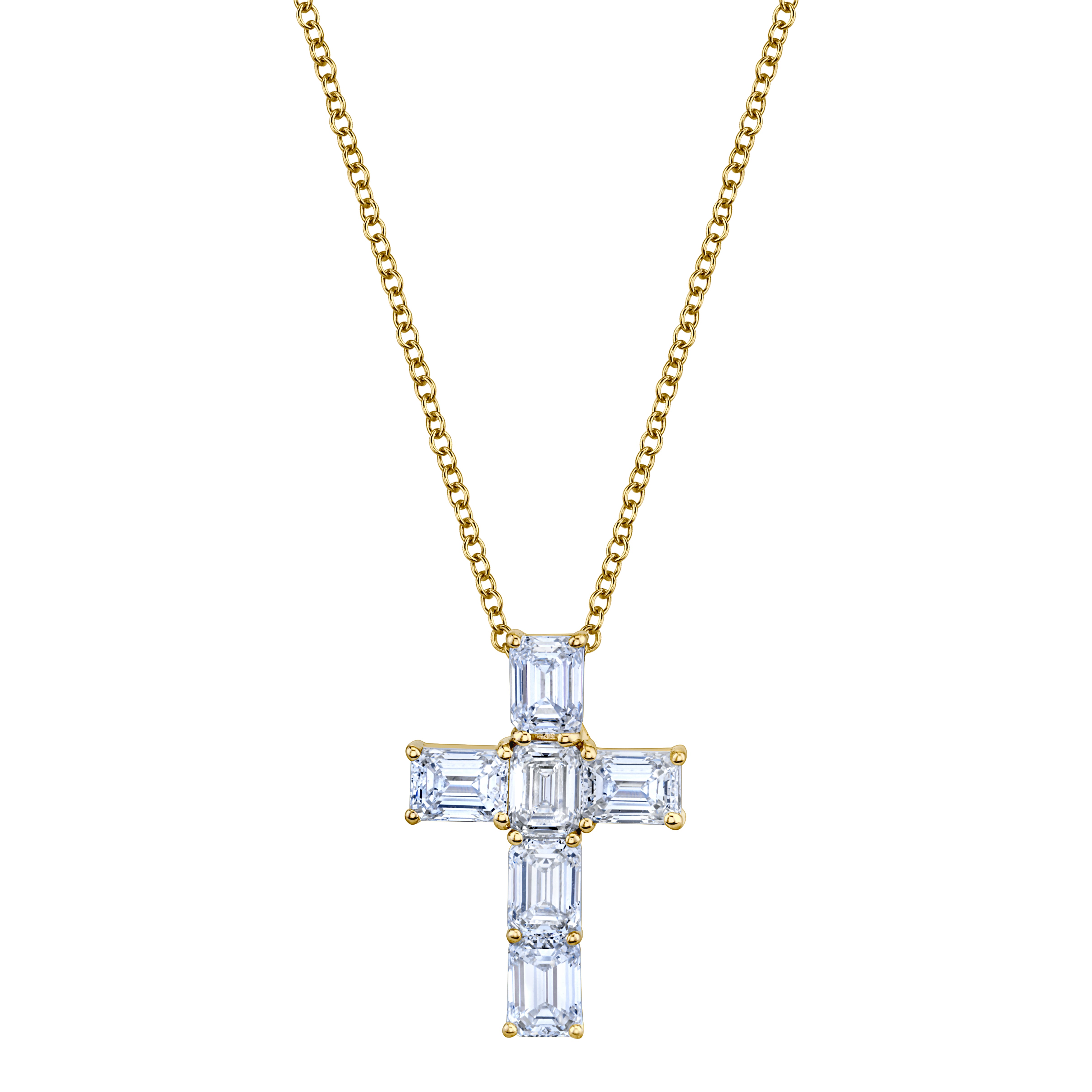 Norman Silverman 18k Yellow Gold Emerald Cut Diamond Cross Necklace
