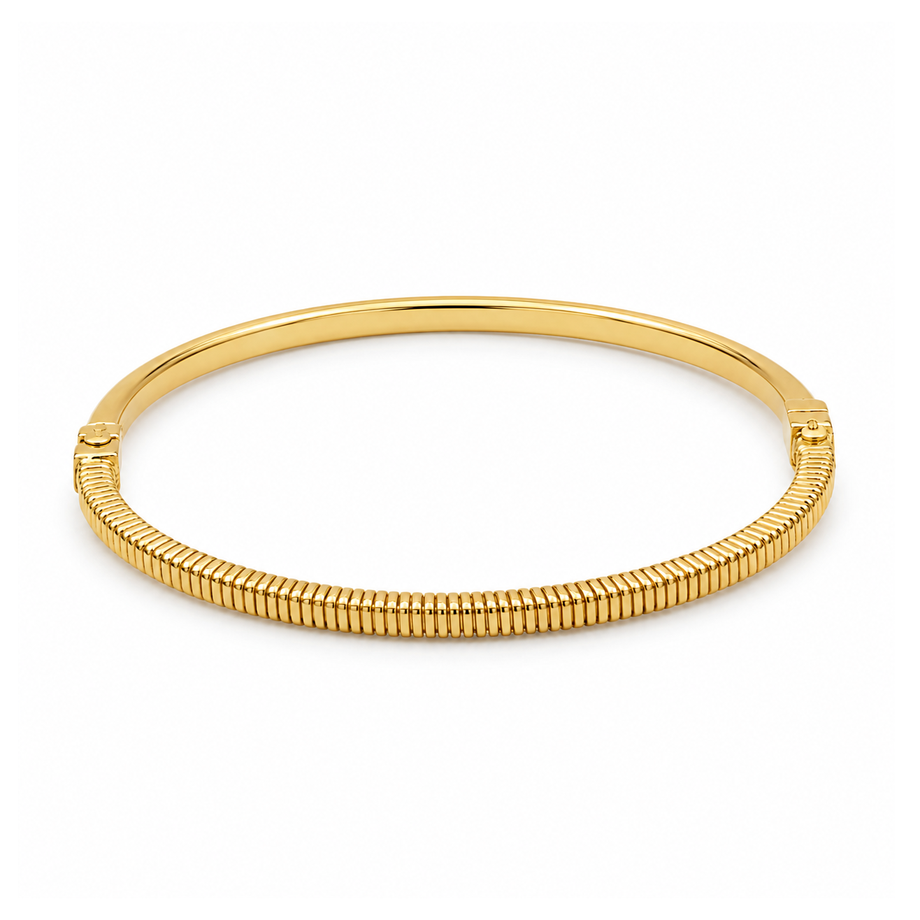 A polished yellow gold hinged bangle bracelet with a textured, ribbed outer band and smooth inner band, shown on a plain white background.
