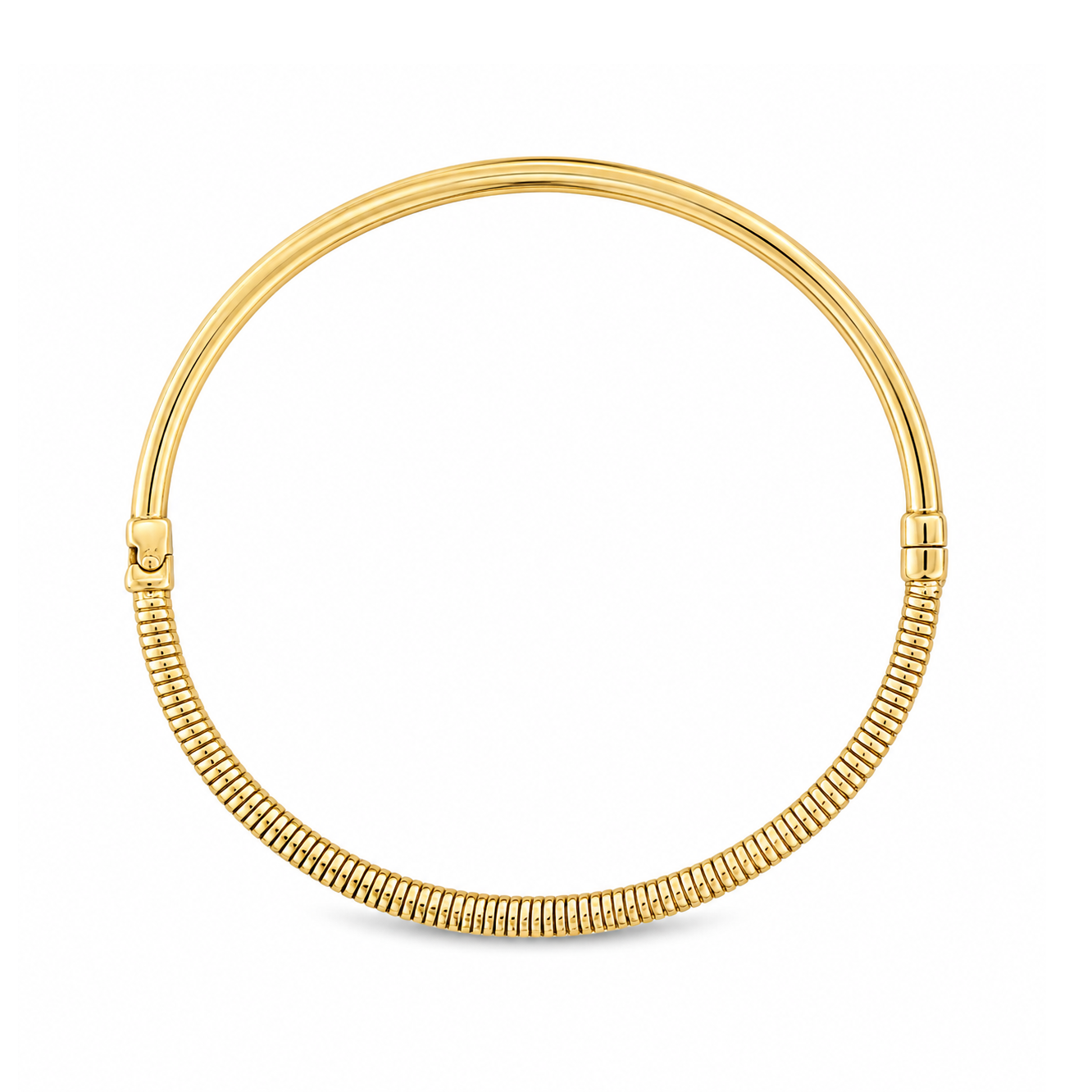 A polished yellow gold snake-style bangle bracelet on a clean white background.