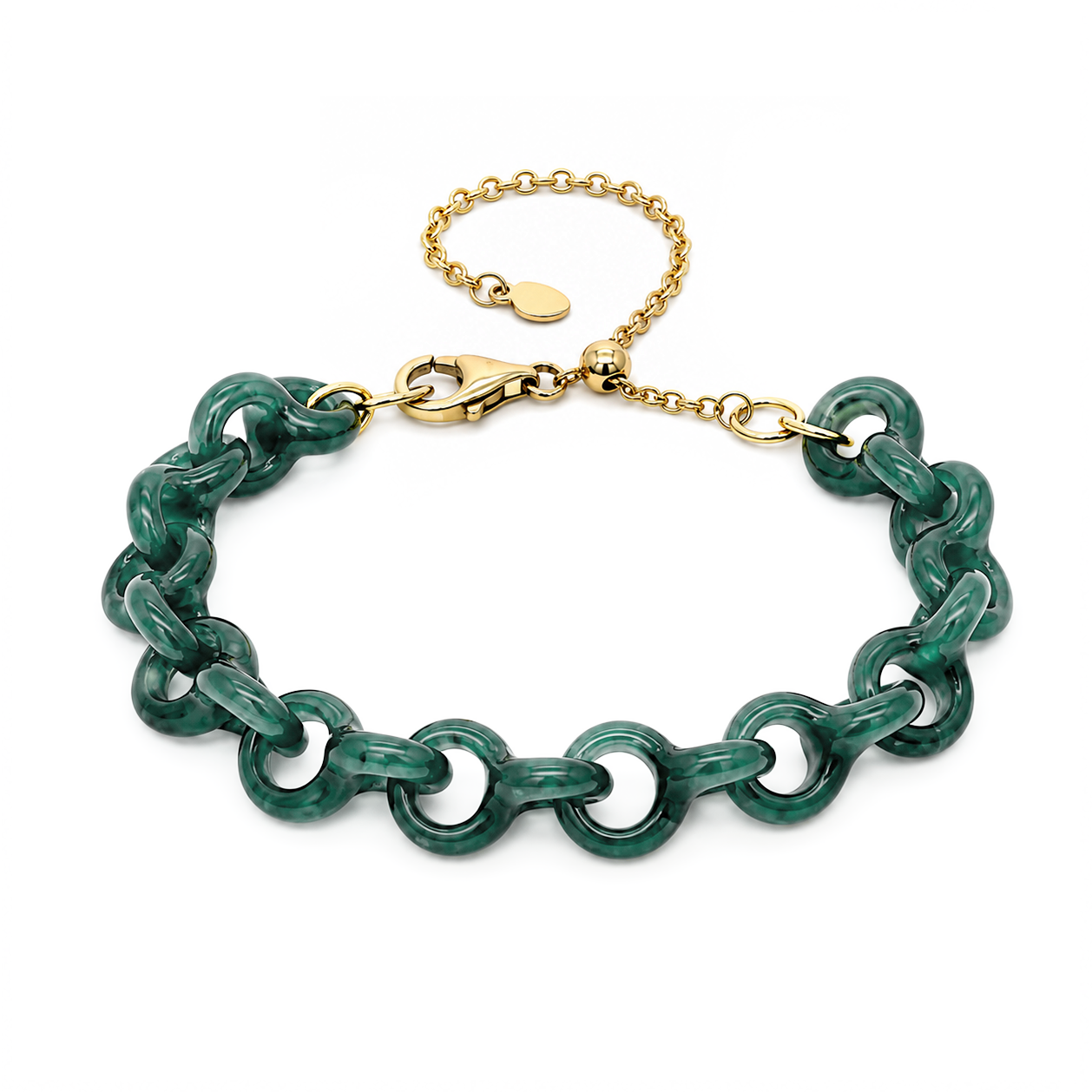 A green marbled chain-link bracelet with a gold-tone lobster clasp and extender chain, shown on a plain white background.