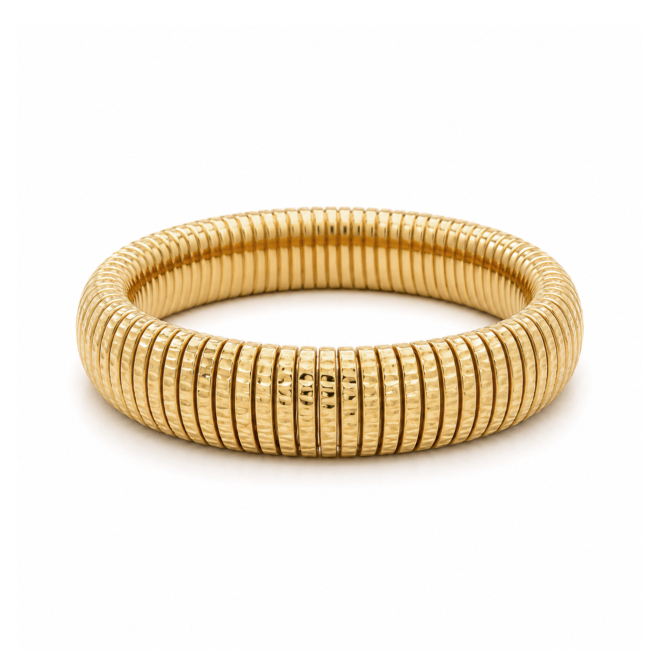A gold-plated snake skin bangle bracelet with a textured, ribbed pattern, shown on a clean white background.