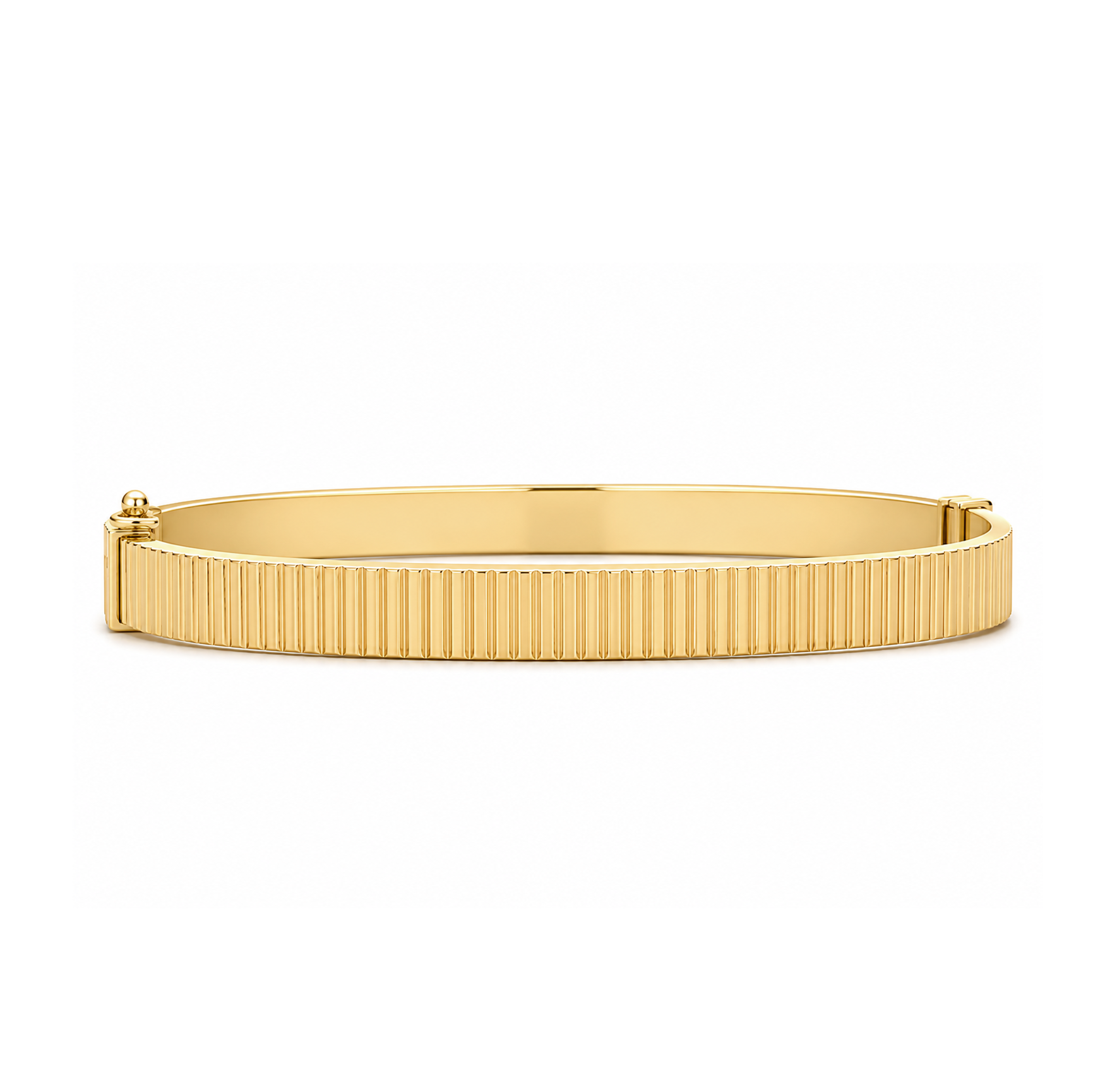 A polished yellow gold bangle bracelet with a textured, vertically fluted exterior and a smooth inner band, shown against a plain white background.