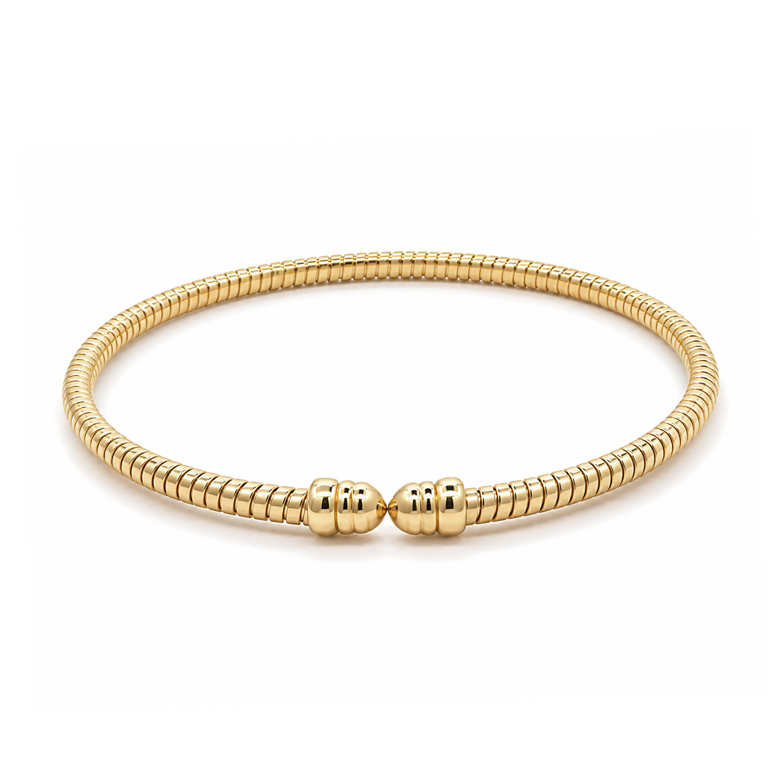 A gold-plated snake skin bangle bracelet with a polished central clasp, shown on a clean white background.