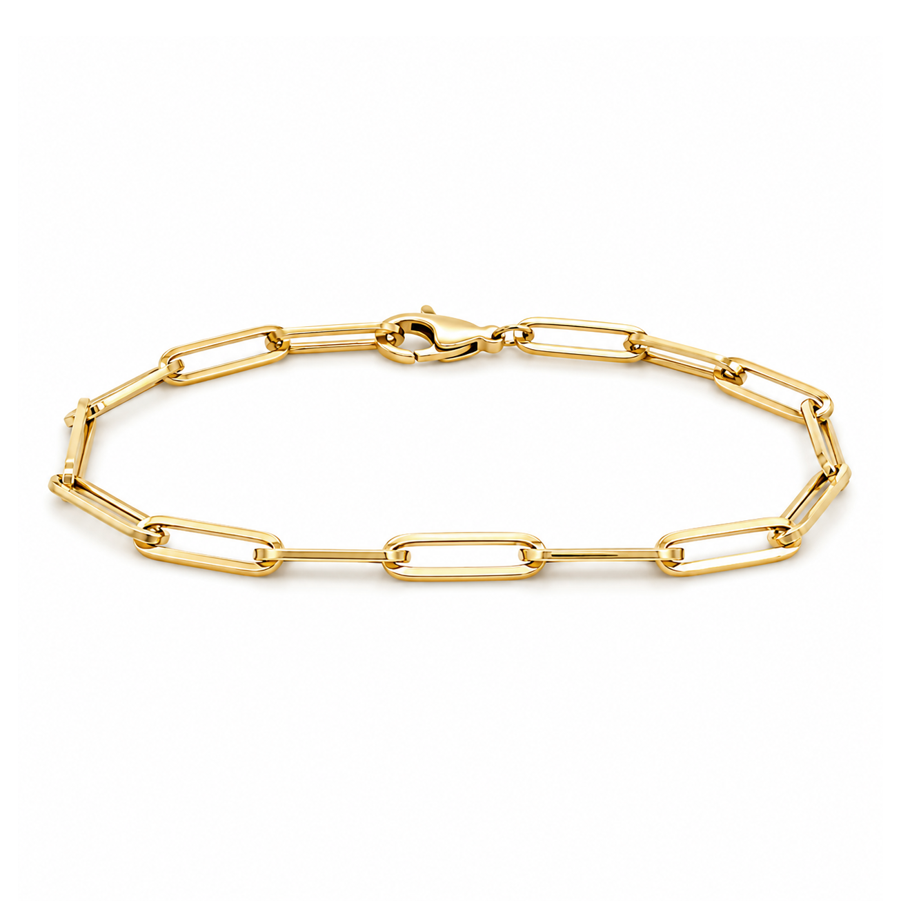 A gold paperclip chain bracelet with a lobster clasp, displayed on a clean white background.
