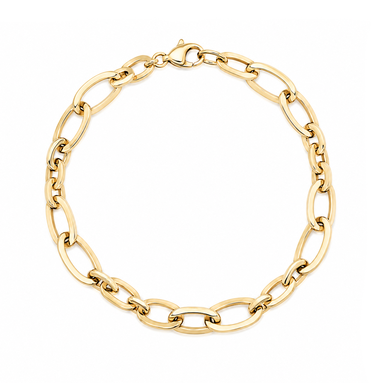 A gold chain link bracelet with a classic Figaro link pattern and a lobster clasp, shown on a plain white background.