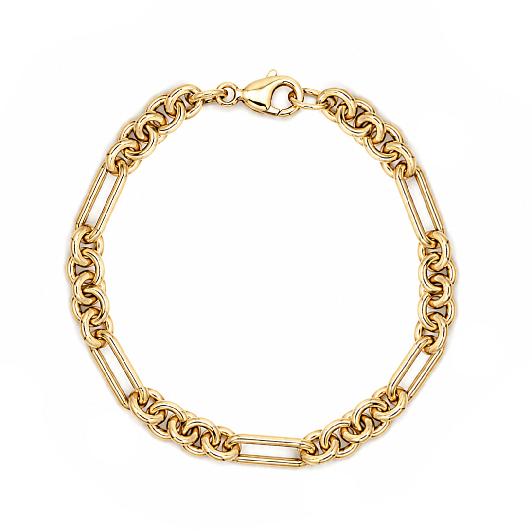 A gold-toned chain link bracelet with alternating curb and flat bar links, shown on a plain white background.