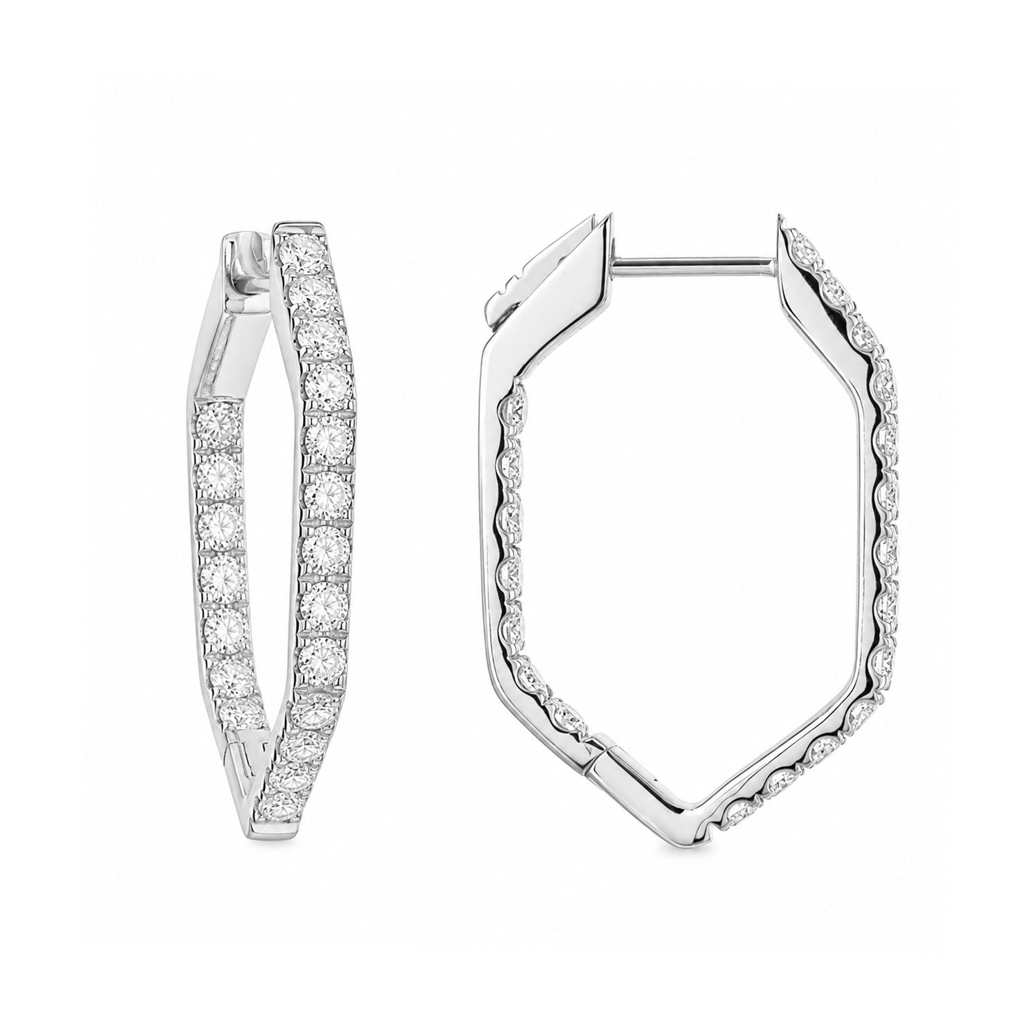 18k White Gold Hexagon Diamond Hoop Earrings
