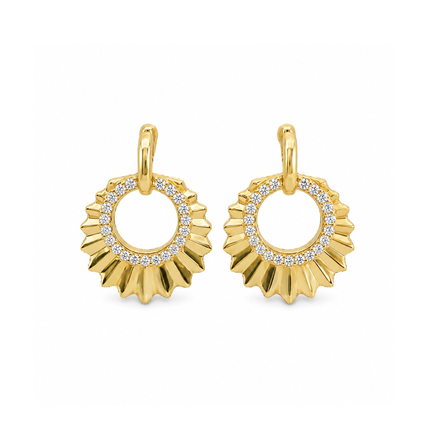 18k Yellow Gold Circle Burst Diamond Drop Earrings