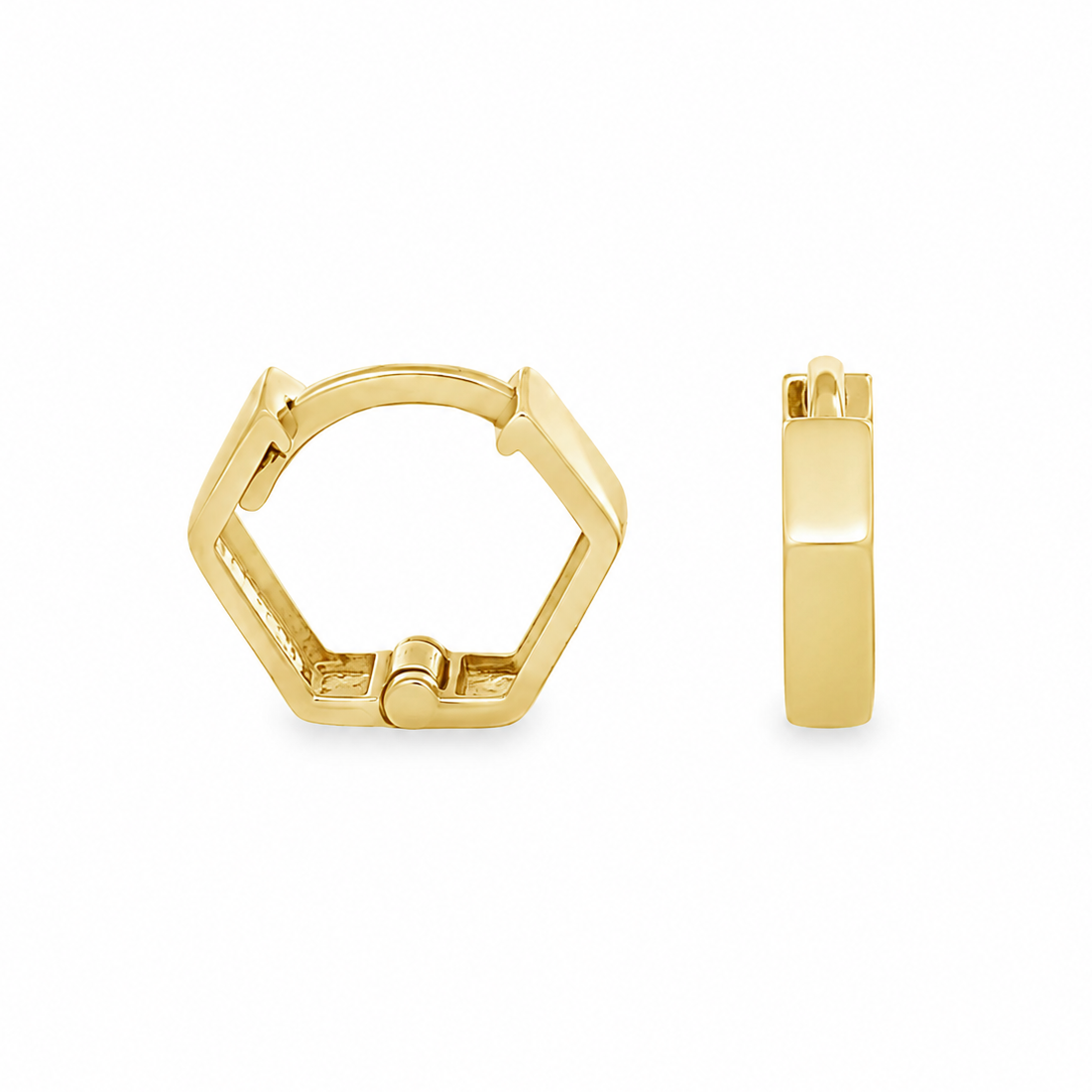 A pair of gold huggie hoop earrings shown on a clean white background, displaying both the front three-quarter view and the side profile.