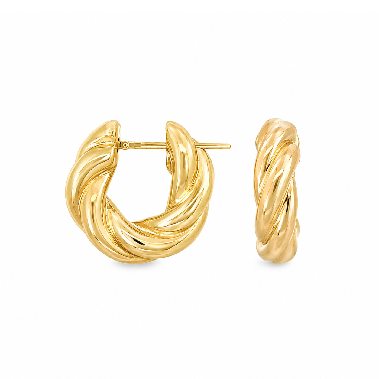 14k yellow gold twisted puffy hoop earrings.