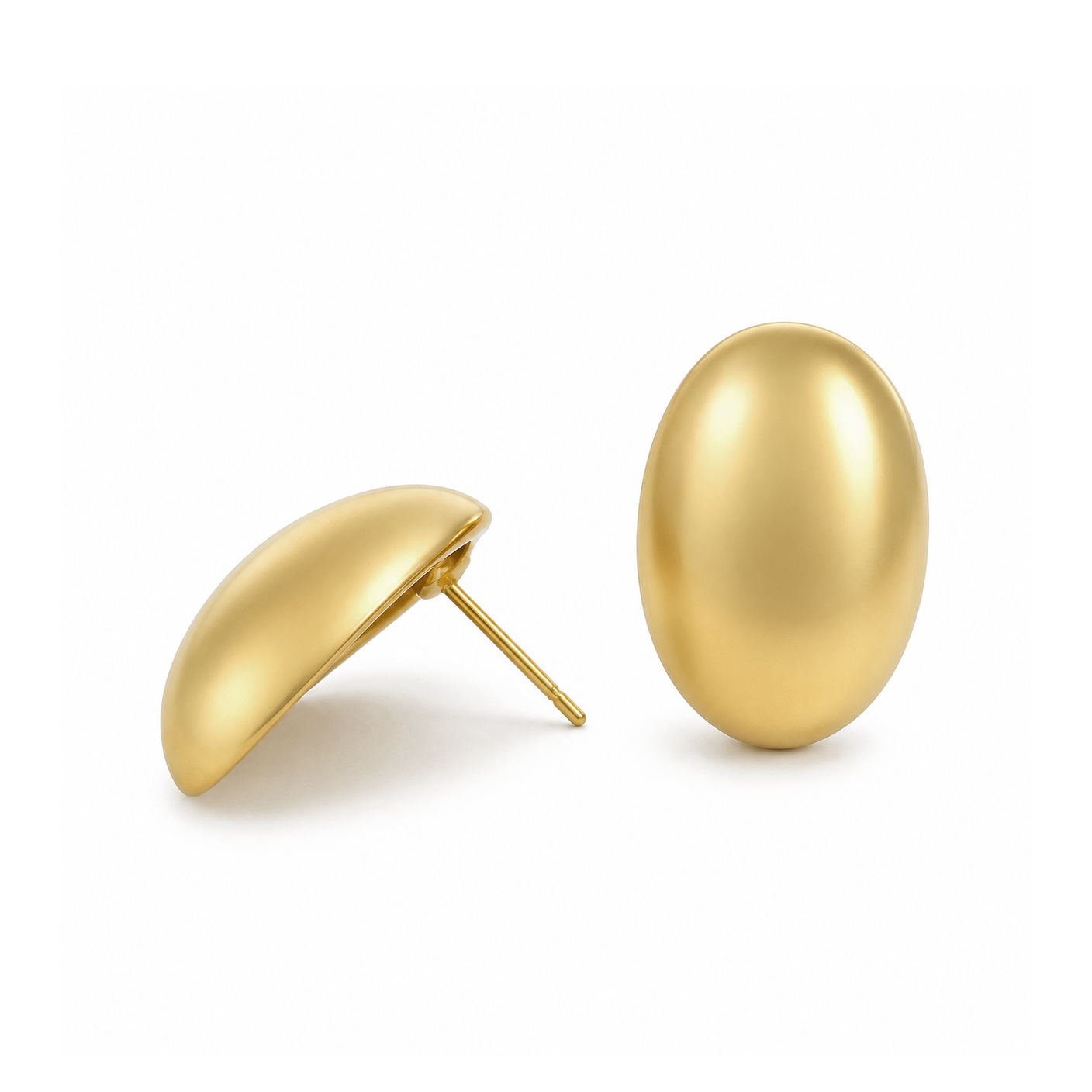 A pair of gold dome stud earrings, one shown from the front in an oval shape and the other from the side showing the dome profile and post, on a clean white background.
