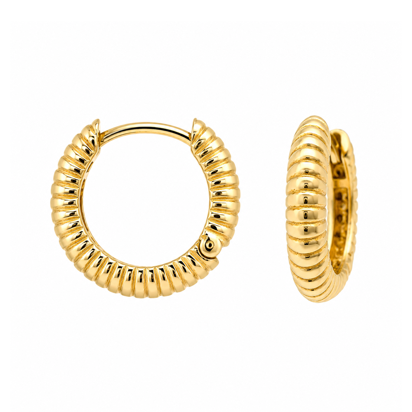 A pair of gold huggie hoop earrings with a textured, ribbed exterior, shown on a plain white background.