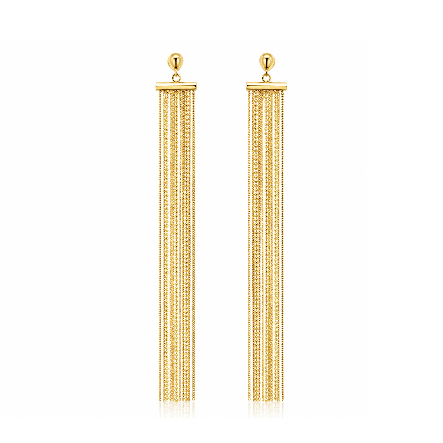 A pair of gold-toned dangle earrings with a textured chain fringe design, shown against a solid white background.
