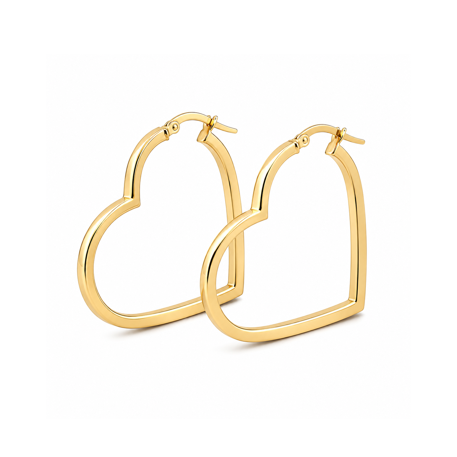 A pair of gold heart-shaped hoop earrings with a polished finish, displayed on a clean white background.