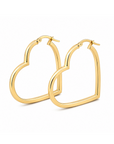 A pair of gold heart-shaped hoop earrings with a polished finish, displayed on a clean white background.