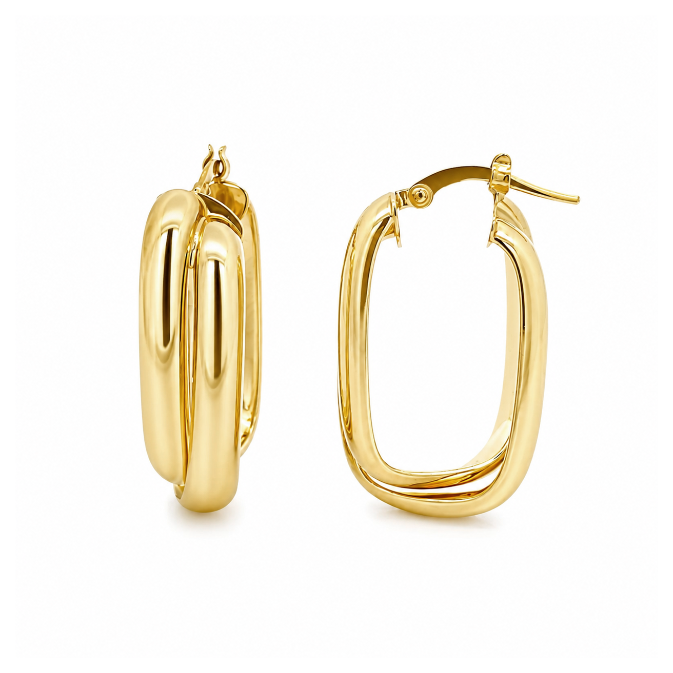 A pair of polished yellow gold hoop earrings shown on a clean white background, with one earring viewed from the side and the other from the front.