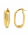 A pair of polished yellow gold hoop earrings shown on a clean white background, with one earring viewed from the side and the other from the front.