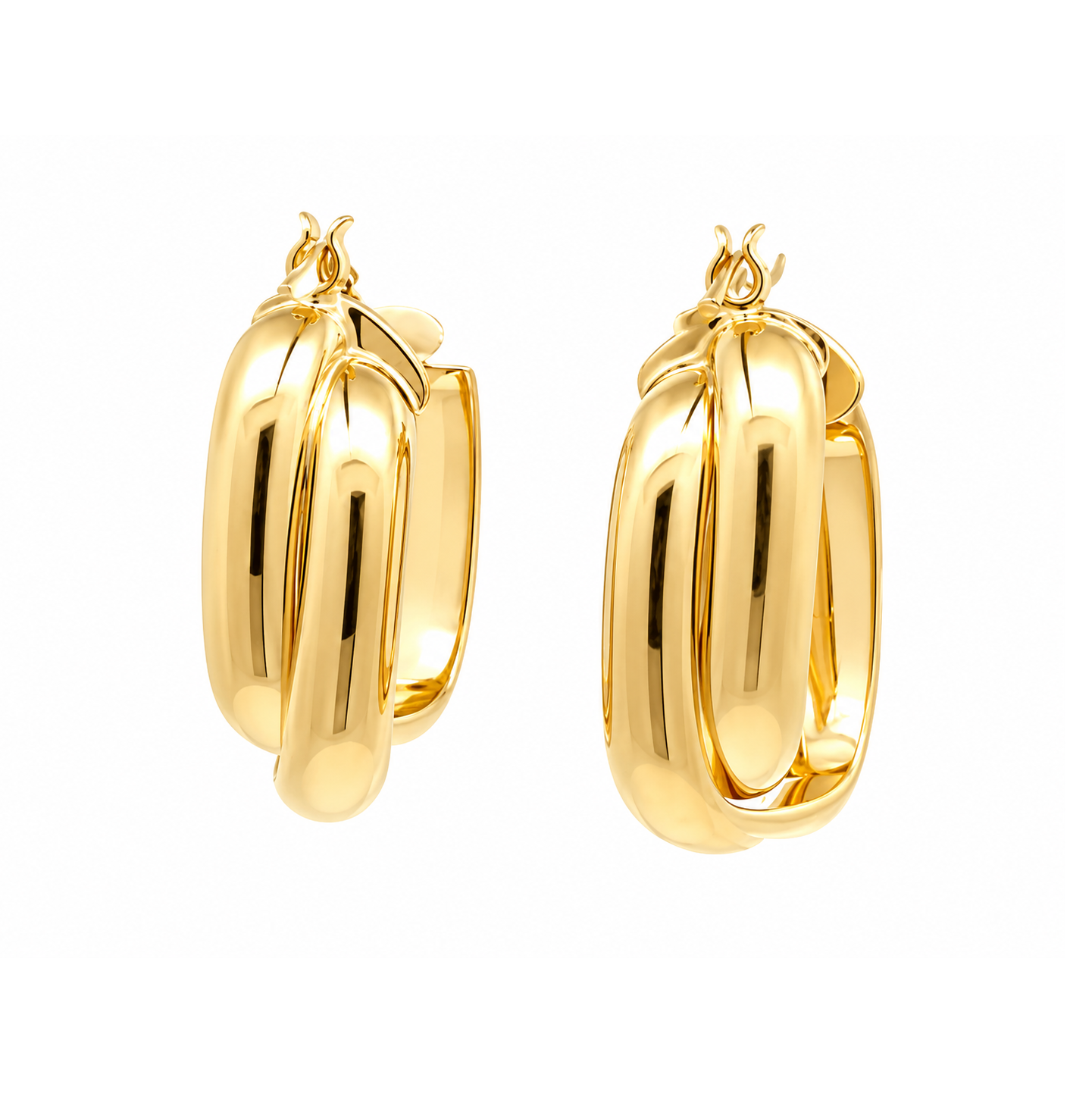 A pair of polished yellow gold hoop earrings with a thick, ribbed, and interlocking design, shown on a plain white background.