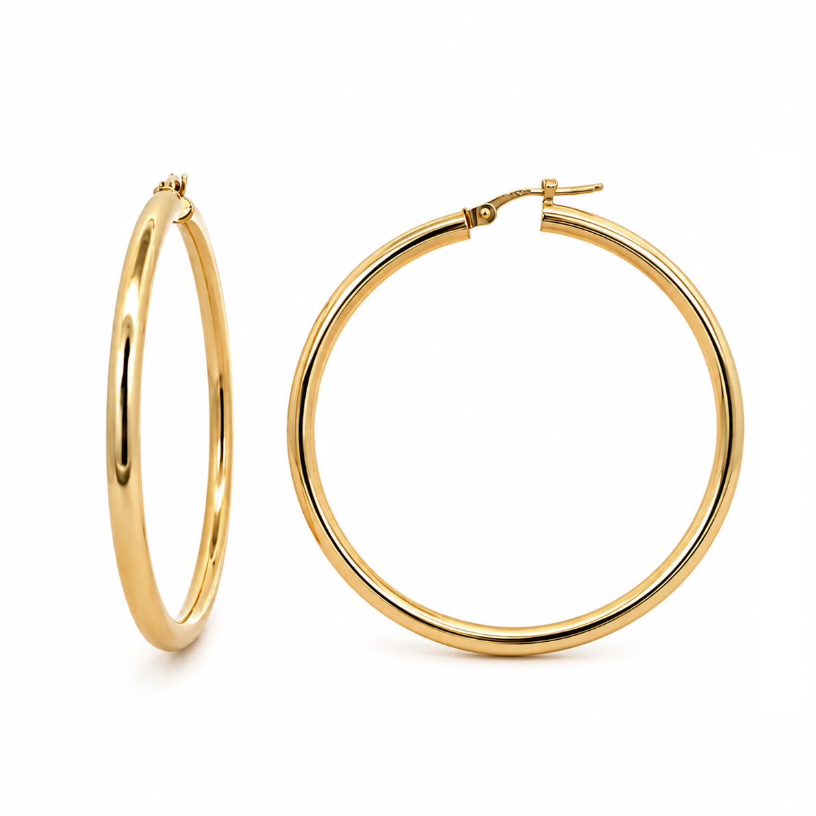 A pair of polished gold hoop earrings, one shown from a side profile and the other from a front-three-quarter angle, on a clean white background.