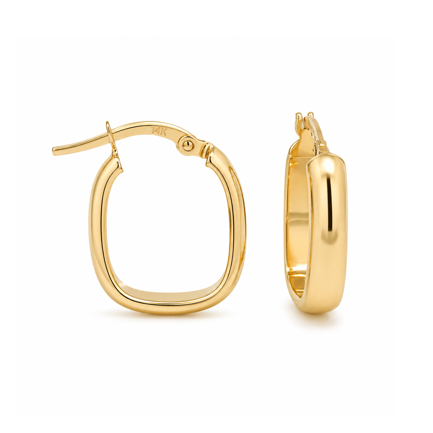 A pair of polished yellow gold huggie hoop earrings, shown from the front and side profiles against a clean white background.
