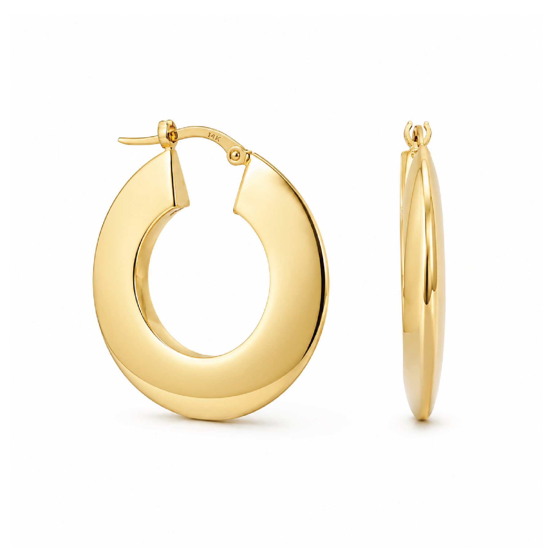 A pair of polished yellow gold hoop earrings, shown from the front and side profiles on a clean white background.