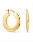 A pair of polished yellow gold hoop earrings, shown from the front and side profiles on a clean white background.