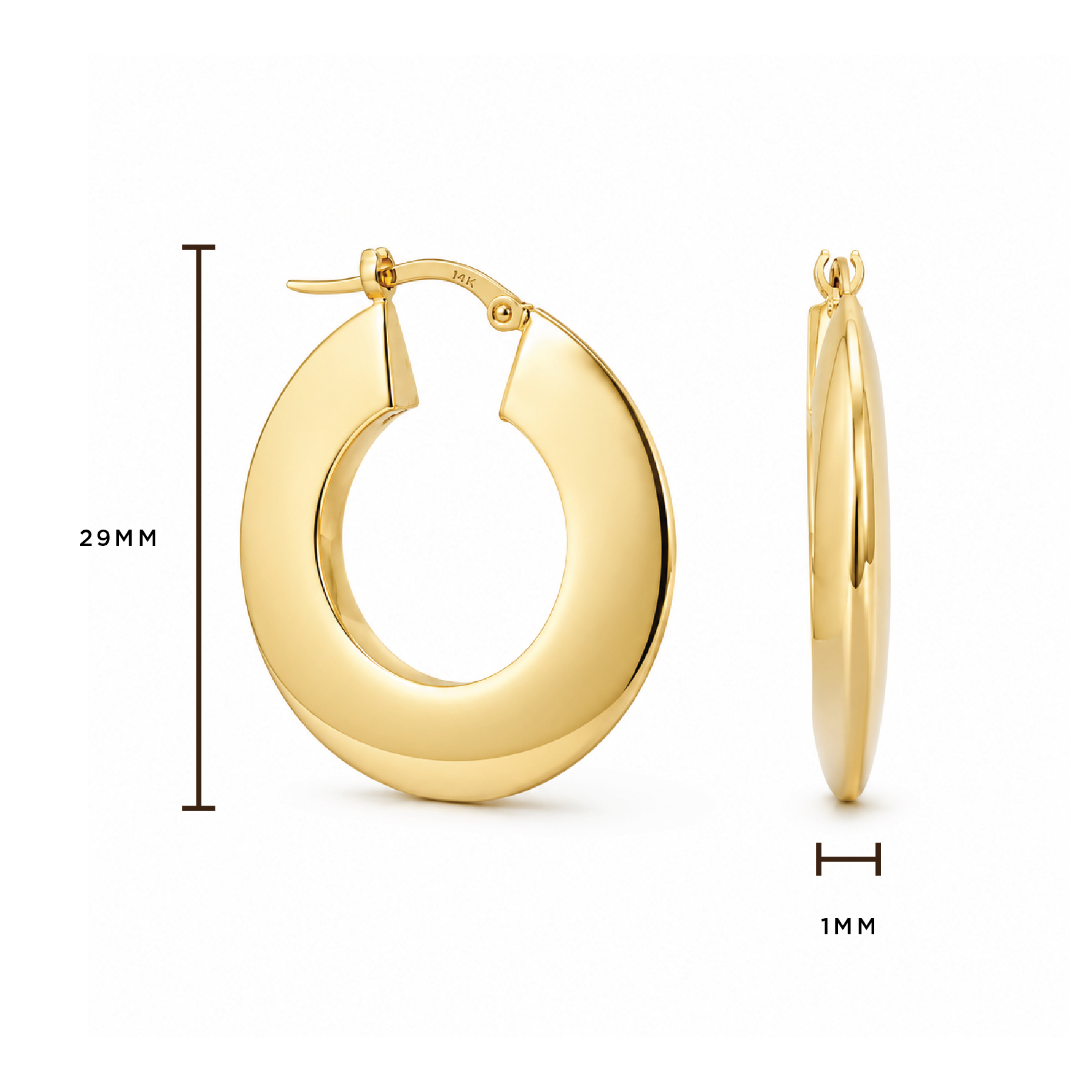Gold hoop earrings shown on a white background, with one front view and one side profile. Black measurement lines indicate a height of 29mm and a width of 1mm.