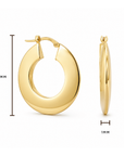 Gold hoop earrings shown on a white background, with one front view and one side profile. Black measurement lines indicate a height of 29mm and a width of 1mm.