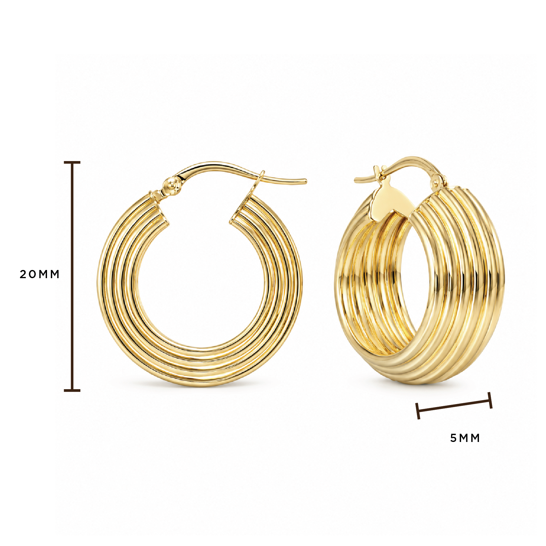 Gold hoop earrings with multiple concentric ridges, shown on a white background with dimension markers indicating 20mm height and 5mm width.