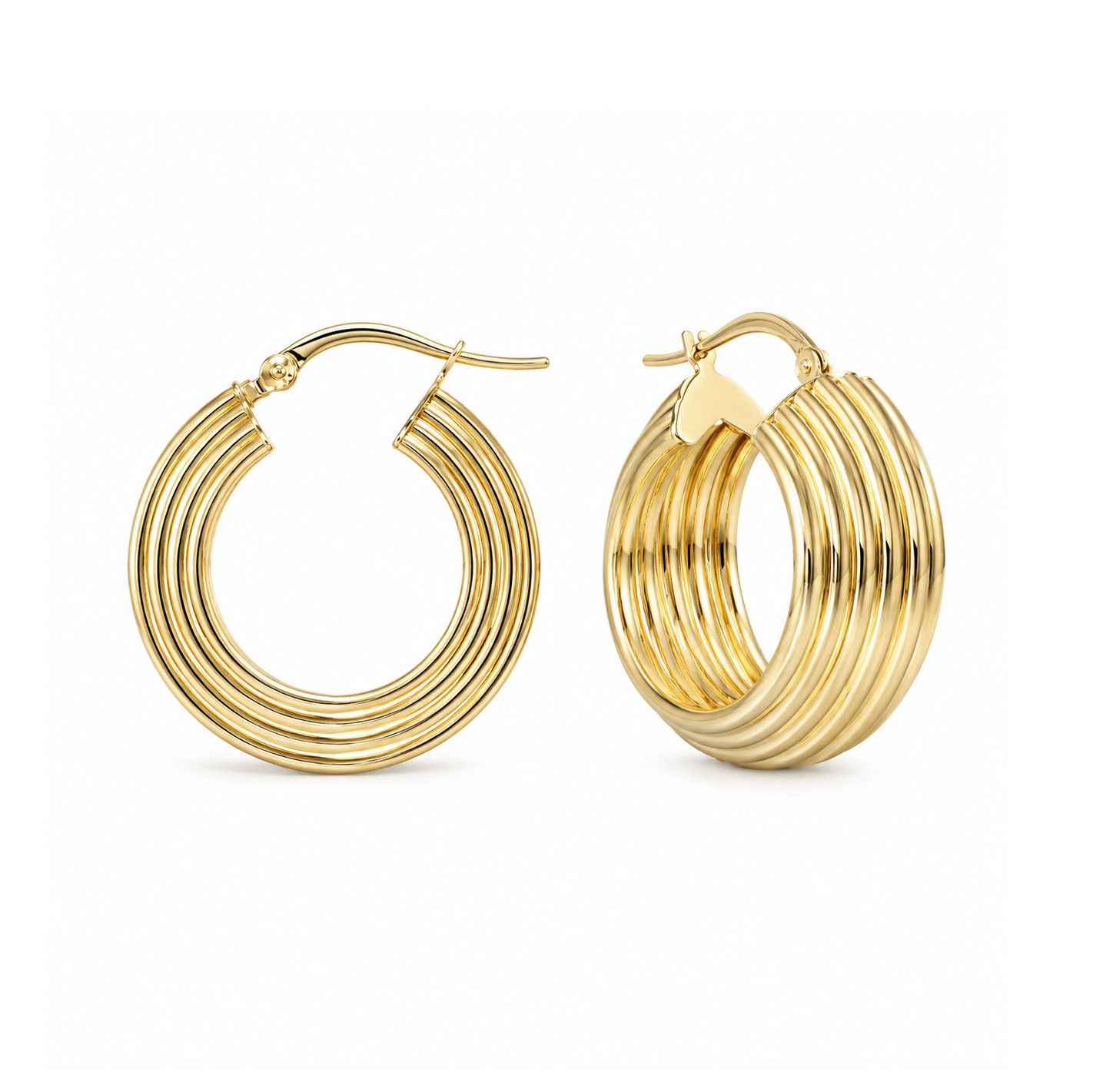 A pair of gold hoop earrings with a multi-strand concentric ring design, shown on a clean white background.